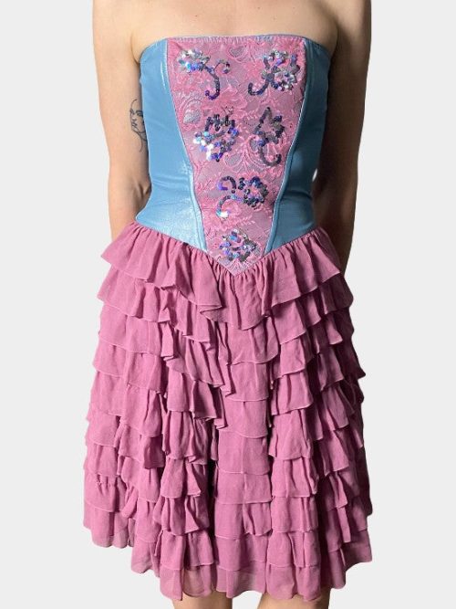 Blue and mauve strapless ruffle dress. | RE:LUV