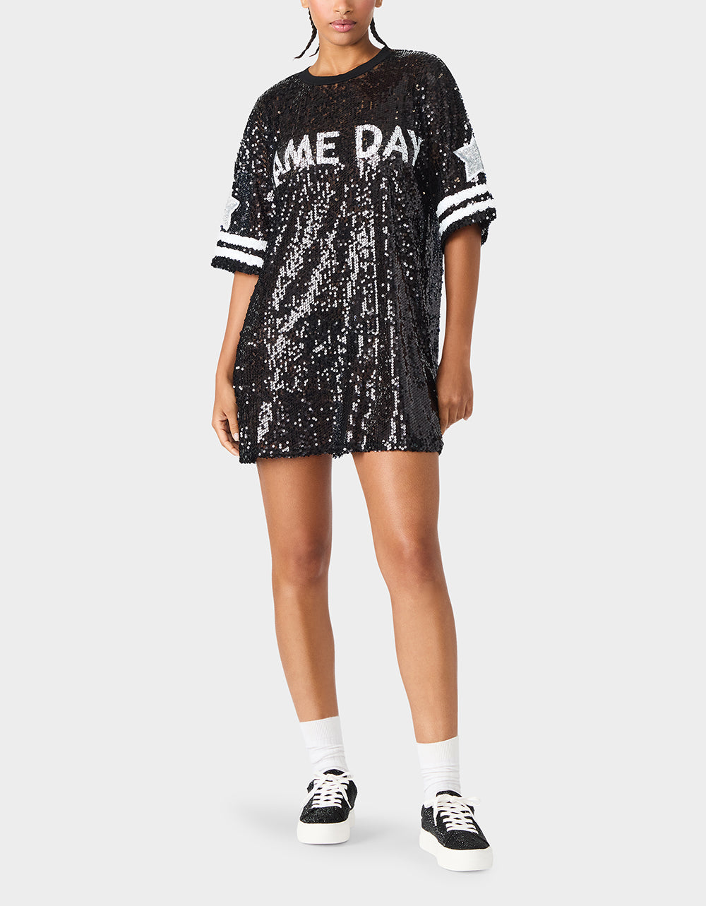 GAME DAY JERSEY SEQUIN DRESS BLACK